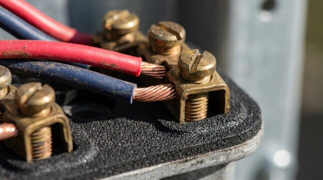Macro of solar inverter electrical junction box with insulated copper wiring terminals, brass grounding screws, and weather-sealed gaskets.