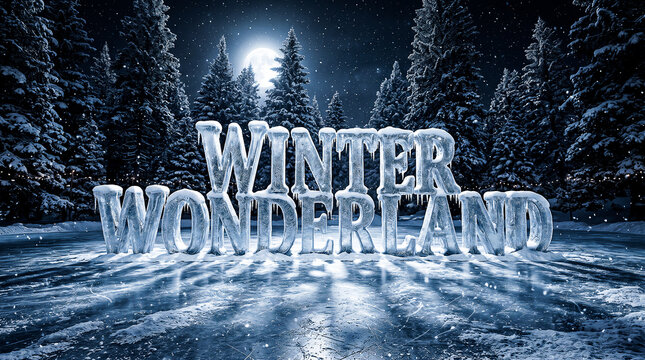 three dimensional frosty letters spelling winter wonderland standing upright in a frozen ice skating rink surrounded by tall pine trees and soft falling snow in the moonlight
