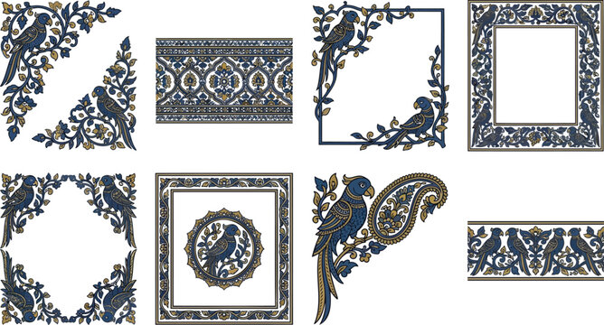 Vintage ornamental parrot frames and borders set, elegant navy blue and gold bird illustrations, 8 decorative floral vector elements for luxury branding