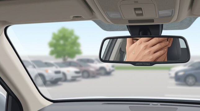 Reflection in car rearview mirror showing a driver's hand wiping sweat from forehead, depicting driving stress, anxiety, nervousness, heat exhaustion