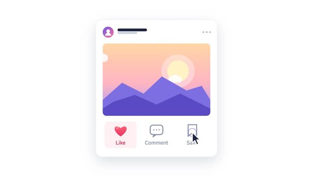 Social media image post interface with like and save animation