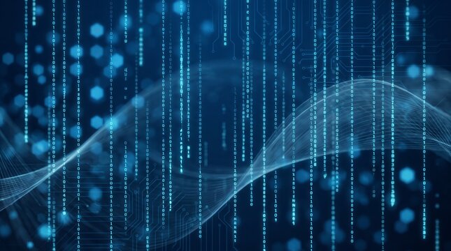 Abstract technology background with digital matrix code, binary data streams, circuit board patterns, glowing blue lines, wave effects, futuristic data processing