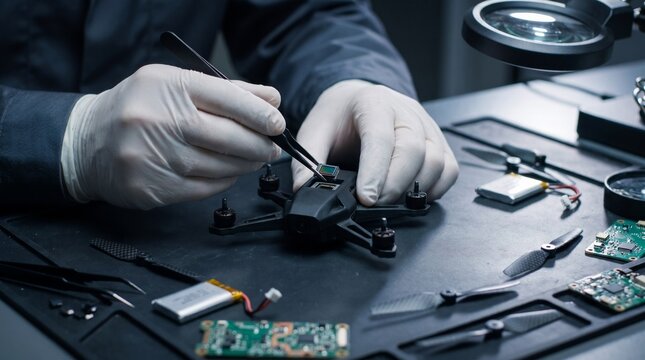 Technician in white gloves assembling or repairing a small drone or quadcopter using tweezers in a high-tech electronics workshop laboratory with micro components and tools on the workbench