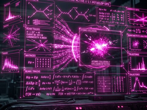 Complex quantum physics formulas and atomic collision data displayed on screen
