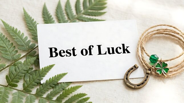Best of Luck Wishing Card with Shamrock and Horseshoe Bracelet on Natural Fern Background