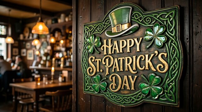 Decorative wooden sign celebrating happy St Patricks Day with green shamrocks and top hat design in cozy pub setting