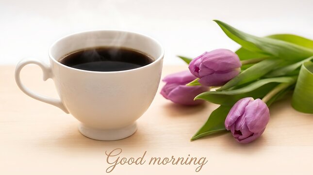Fresh morning coffee cup with steam and purple tulips on light wooden surface greeting