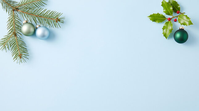 Title:
Minimal Christmas background with fir tree branch, green holly, and festive ornaments on a light blue background with copy space
