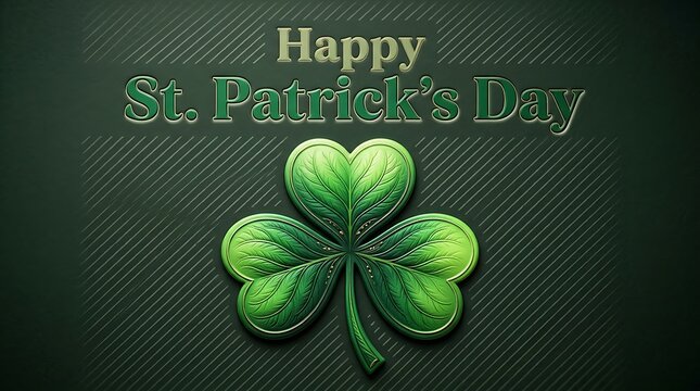 Happy St Patricks Day Greeting Card Design Featuring Beautiful Green FourLeaf Clover Illustration