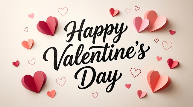 Happy Valentines Day greeting card design with colorful heart shapes and elegant script text