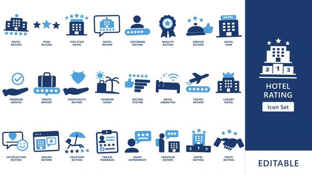 Animated hotel rating icon set with stars and service reviews on alpha channel