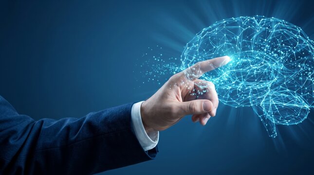 Hand touching a glowing digital brain network, symbolizing artificial intelligence, neural networks, machine learning, cognitive computing, brain-computer interface