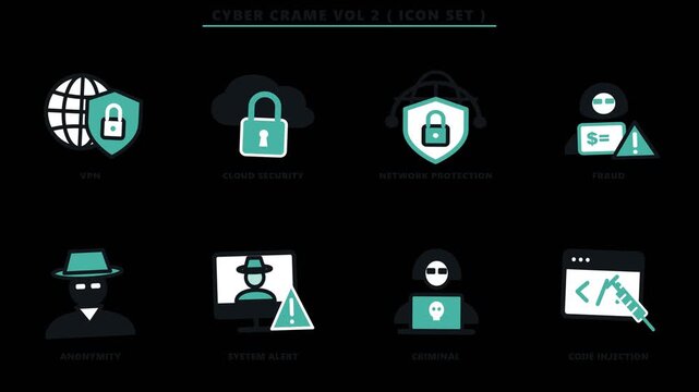 Cyber security and internet crime animated icons set on dark background