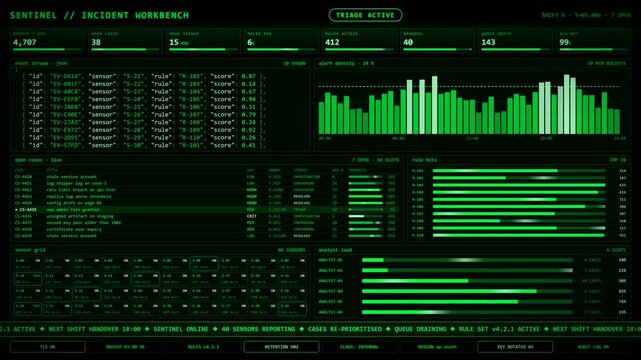 Green Sentinel Incident Workbench Dashboard With Alert Density And Open Cases.