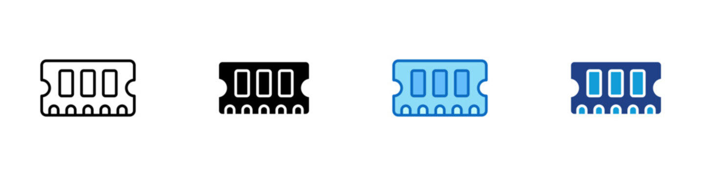 RAM Memory Module Multiple Style Icon Design Vector - RAM memory module with chips and contacts representing computer memory, hardware upgrade, and system performance