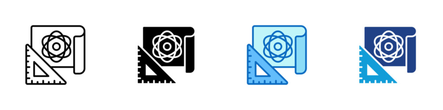 Quantum Engineering Blueprint Multiple Style Icon Design Vector - Blueprint with atom and set square representing quantum engineering, scientific research, and technical planning
