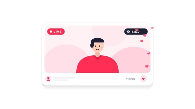 Live Streaming Video Interface with Viewer Count and Floating Heart Reactions