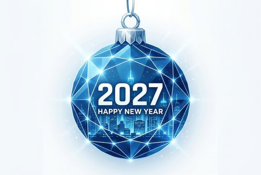 Blue faceted ornament with city skyline for 2027 new year
