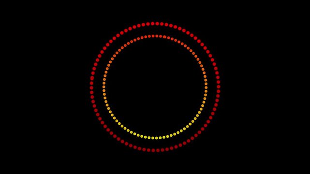 Animated graphic of two concentric circles made of red and yellow dots on black.
