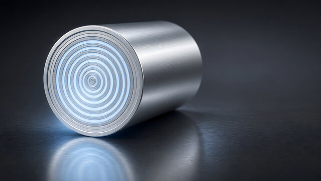 Brushed aluminum sodium-ion battery cell with glowing blue rolled