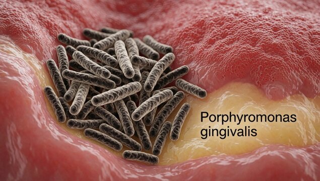 Close-up group small round black-colored bacteria which appear porphyromonas gingivalis center pinkish-red tis