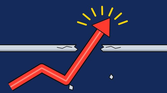 Cartoon Red Growth Arrow Smashing Through a Ceiling Barrier