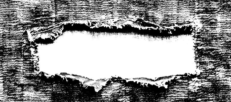 Torn denim fabric texture with central hole, white space for copy