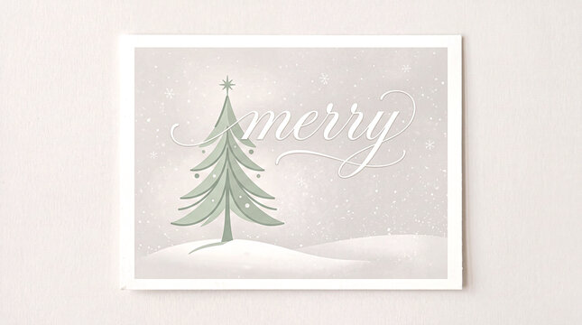 minimal holiday graphic design featuring a single stylized pine tree in soft green with the word merry in elegant typography placed over a subtle snowy background for christmas