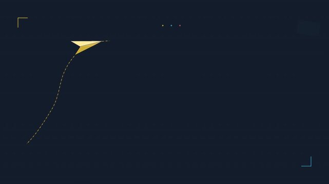 Minimalist motion graphic with stylized yellow and cyan paper airplanes following curved dotted trajectory paths against a solid dark background