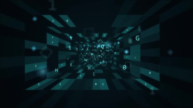 Abstract digital tunnel with glowing numbers and letters, data stream effect, perfect for technology and cybersecurity concepts, data analysis, online security