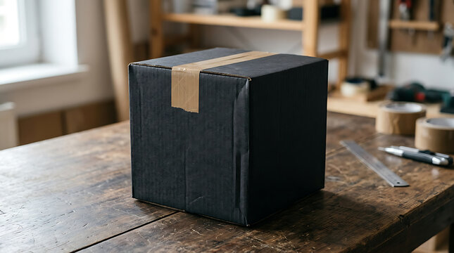 Black packaging box mockup on rustic wooden workbench with kraft tape