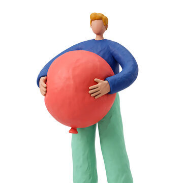 3D clay icon of stylized figure holding giant red balloon near stomach for abdominal bloating concept