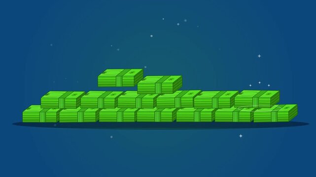 Animated stacks of green dollar bills emerging and piling up to form a large pyramid of money on a dark blue background