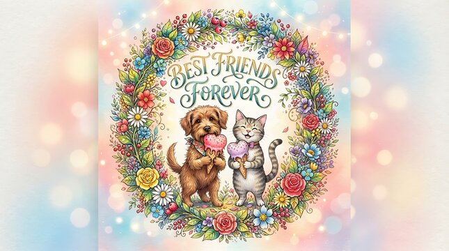 Cute dog and cat holding heartshaped gifts surrounded by colorful floral wreath design