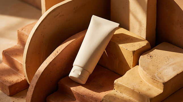 White cosmetic tube mockup on abstract wooden geometric shapes with warm sunlight