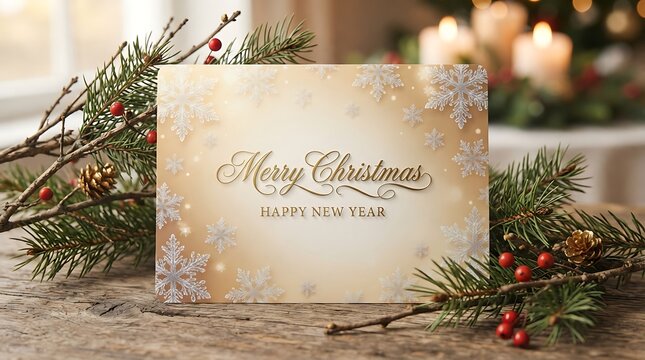 Elegant Christmas New Year Greeting Card Surrounded by Pine Branches and Berries on Rustic Wooden Surface