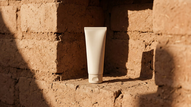 Blank cream tube mockup on rustic adobe brick wall with warm sunlight and shadows