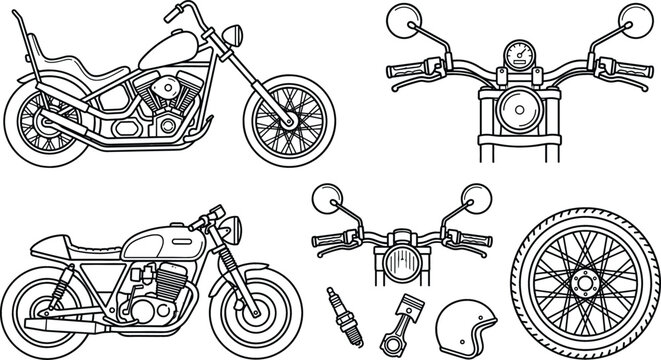 Custom motorcycle vector illustration set with chopper cafe racer handlebars wheel piston helmet and spark plug outline