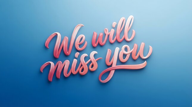 Elegant pink cursive text design saying we will miss you on solid gradient background