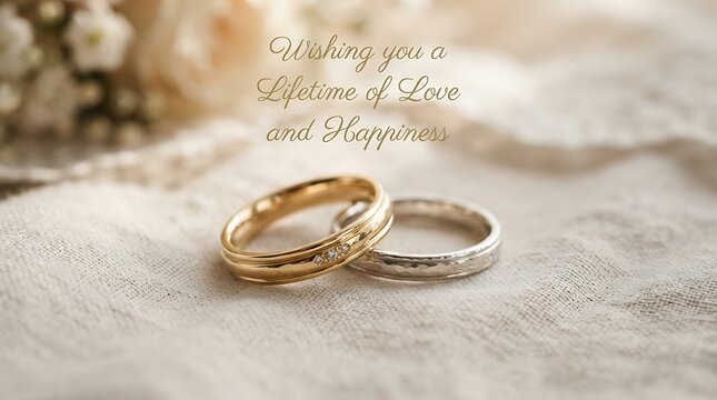 Elegant wedding rings placed together on soft fabric with floral arrangement and heartfelt message