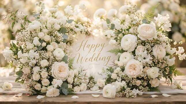 Elegant wedding floral arrangement with white roses and greenery on rustic wooden table backdrop