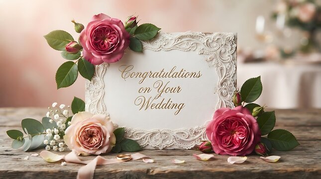 Elegant Wedding Congratulations Card Decorated With Beautiful Roses And Delicate Floral Arrangement