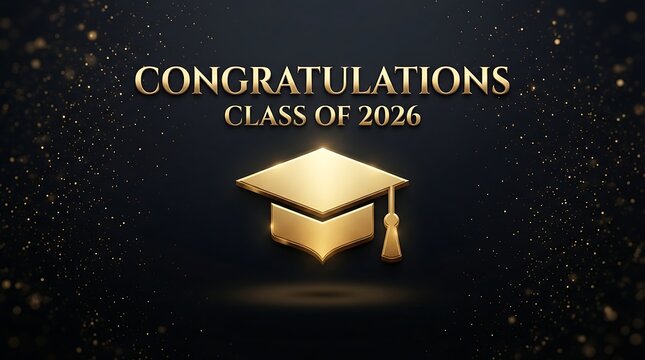 Golden graduation cap illustration congratulating class of twenty twenty six on transparent background