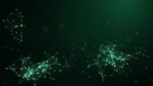 Abstract network of glowing green lines and nodes on a dark backdrop, representing data connections and digital communication, tech background