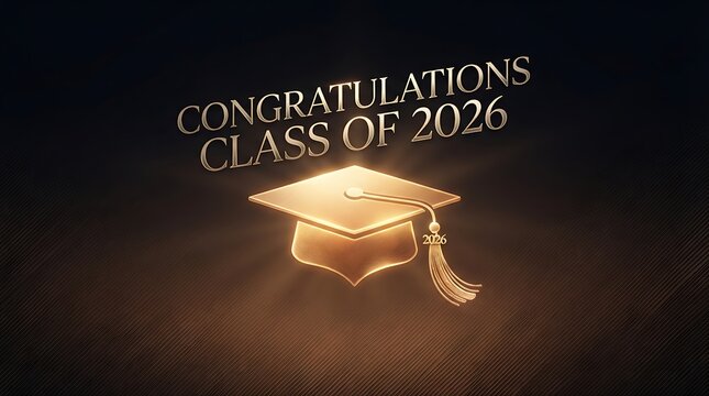Graduation celebration graphic featuring illuminated academic cap design with class year 2026 congratulations message