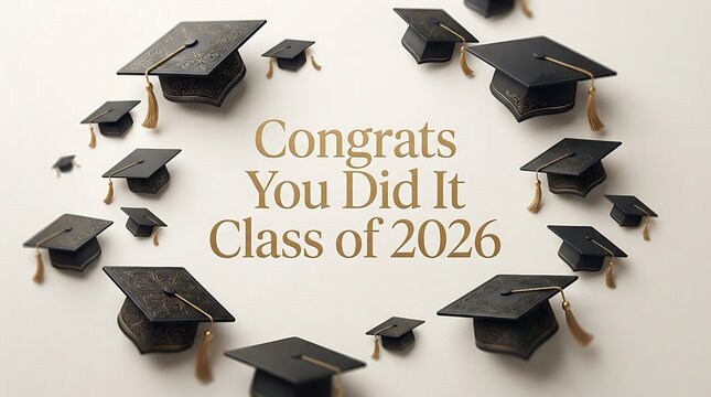 Graduation celebration image showing flying caps congratulating class of twenty twenty six students