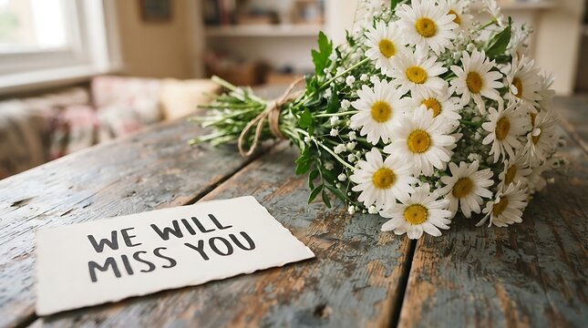 Heartfelt condolence message card with white daisies bouquet on rustic wooden table indoors