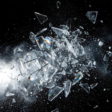 Shattered glass explosion. Dynamic impact with sharp fragments and bright reflections. Abstract destructive force.