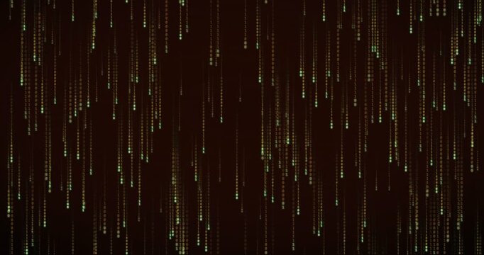 Amber binary digits fall steadily across a full-frame field in this 4K video animation, featuring radiant phosphor bloom and layered parallax rain for a deep mainframe look.