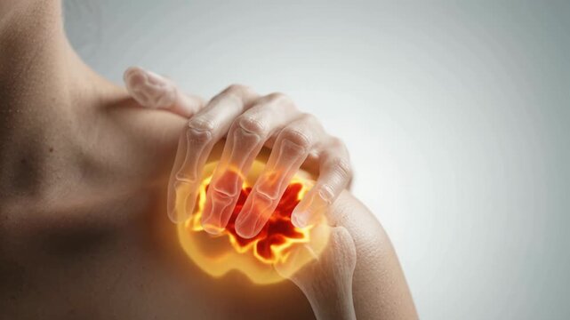 Shoulder Pain and Joint Inflammation Visualization - Human Anatomy with Glowing Bone Highlight - Clinical Medical Motion Graphic 4K Footage